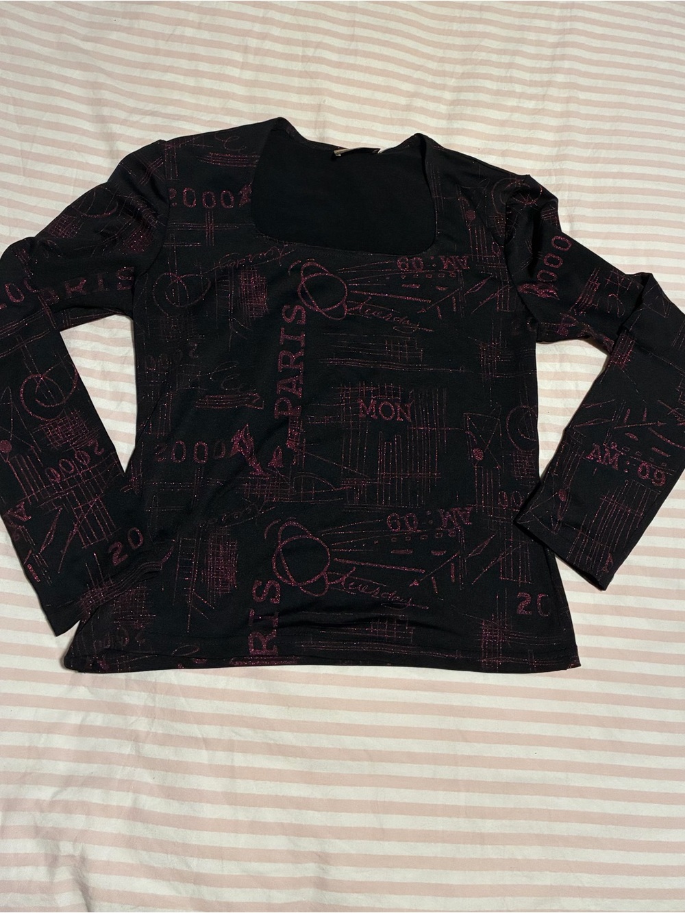 Black Long-Sleeve Graphic Knit Top with Pink Accents